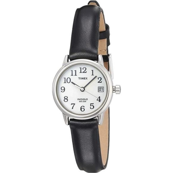 Timex Women\'s T2H331 Indiglo Leather Strap Watch, Black/Silver-Tone/White
